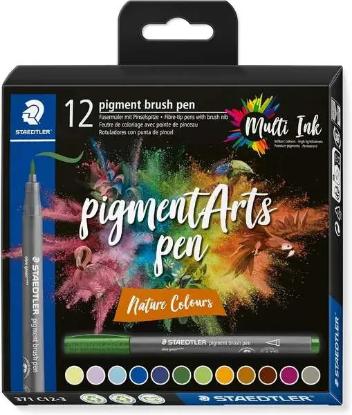 Staedtler 371 Pack de 12 Rotuladores Punta de Pincel Suave – Nueva Tinta Multi Ink – Pigmentos de Primera Calidad – Colores Nature Surtidos