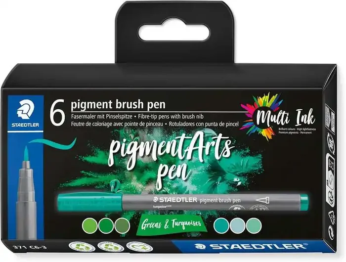 Staedtler 371 Pack de 6 Rotuladores Punta de Pincel Suave – Nueva Tinta Multi Ink – Pigmentos de Primera Calidad – Colores Verdes/Turquesas Surtidos