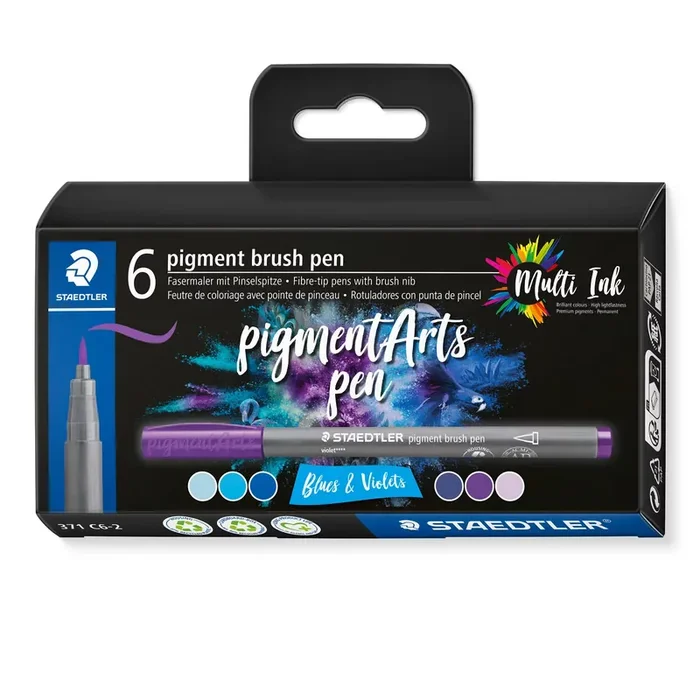 Staedtler 371 Pack de 6 Rotuladores Punta de Pincel Suave – Nueva Tinta Multi Ink – Pigmentos de Primera Calidad – Colores Azules/Violetas Surtidos