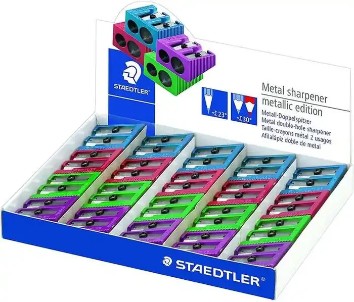 Staedtler Expositor de 20 Sacapuntas Metalicos con Cuchilla de Metal – Angulo de Afilado de 23° y 30º – 2 Agujeros – Colores Surtidos