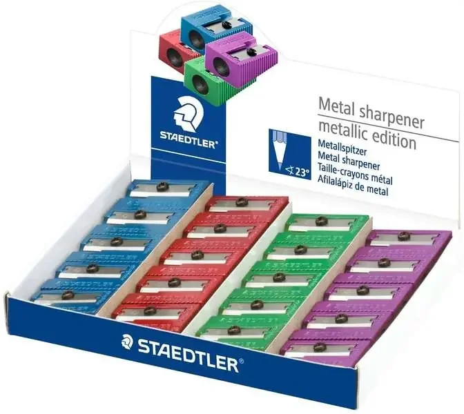 Staedtler Expositor de 20 Sacapuntas Metalicos con Cuchilla de Metal – Angulo de Afilado de 23° – 1 Agujero – Colores Surtidos
