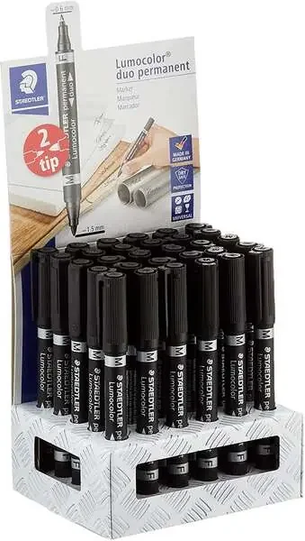 Staedtler Lumocolor 348 Expositor de 30 Rotuladores Permanentes de Doble Punta – Secado Rapido – Color Negro