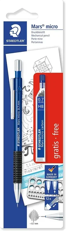 Staedtler Mars Micro Pack de 1 Portaminas 0.7mm + 1 Tubo de 12 Minas – Minas HB – Zona de Agarre de Goma