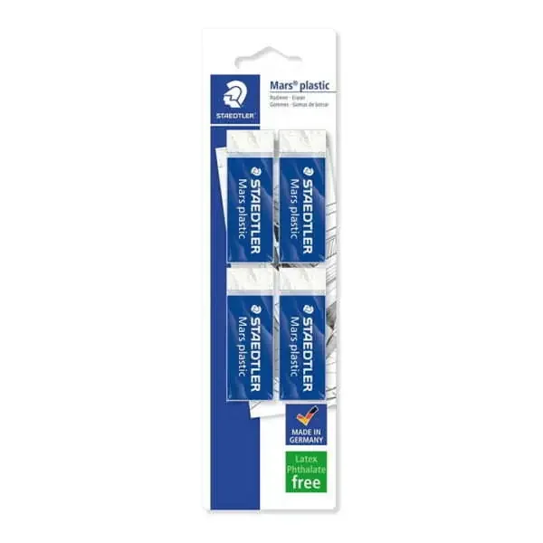 Staedtler Mars Plastic 526 50 Pack de 4 Gomas de Borrar – Plastico – Alta Precision – Color Blanco