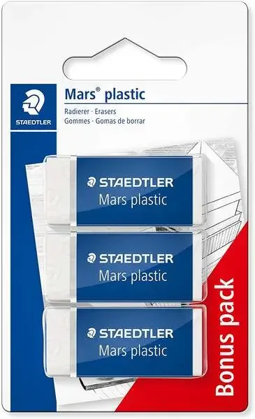 Staedtler Mars Plastic Pack de 3 Gomas de Borrar – Plastico – Alta Precision – Color Blanco