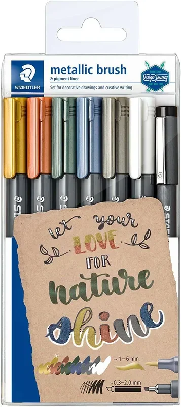 Staedtler Metallic Brush Pack de 7 Rotuladores Punta de Pincel – Tinta Base de Agua – Trazo 1 – 6mm Aprox – Colores Surtidos
