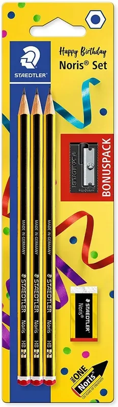 Staedtler Noris 120 Pack de 3 Lapices de Grafito Hexagonales + Goma de Borrar + Sacapuntas – Mina HB2 Ultrarresistente de 2mm – Madera de Bosques Sostenibles