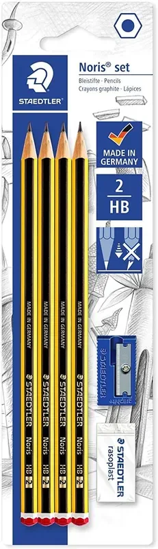 Staedtler Noris 120 Pack de 4 Lapices de Grafito Hexagonales 2HB + 1 Goma de Borrar Rasoplast + 1 Sacapuntas – Resistencia a la Rotura – Madera de Bosques Sostenibles
