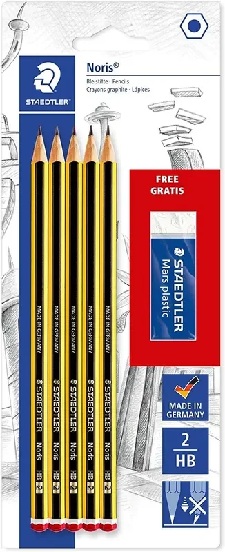 Staedtler Noris 120 Pack de 5 Lapices de Grafito Hexagonales 2HB + 1 Goma de Borrar Mars Plastic – Madera de Bosques Sostenibles