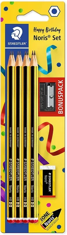 Staedtler Noris 120 Pack de 8 Lapices de Grafito Hexagonales + Goma de Borrar + Sacapuntas – Mina HB Ultrarresistente de 2mm – Madera de Bosques Sostenibles