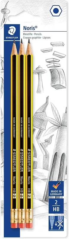 Staedtler Noris 122 Pack de 3 Lapices de Grafito Hexagonales 2HB con Goma – Resistencia a la Rotura – Madera de Bosques Sostenibles