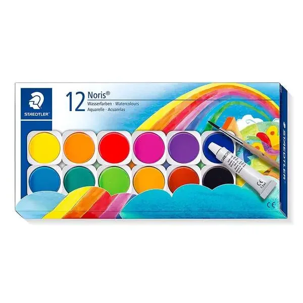 Staedtler Noris 888 12 Pastillas de Acuarela + Tubo Zinc Blanco + Pincel – Mezclables entre si – Colores Surtidos