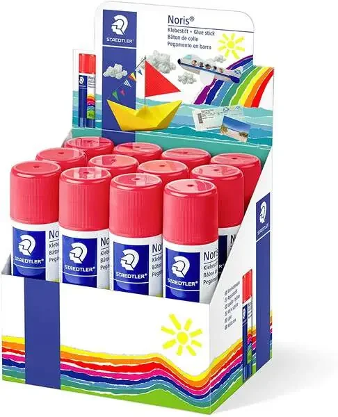 Staedtler Noris Expositor de 12 Barras de Pegamento 40gr – Sin Disolventes – Uso Escolar – Pega Papel, Cartulina, Tejido etc