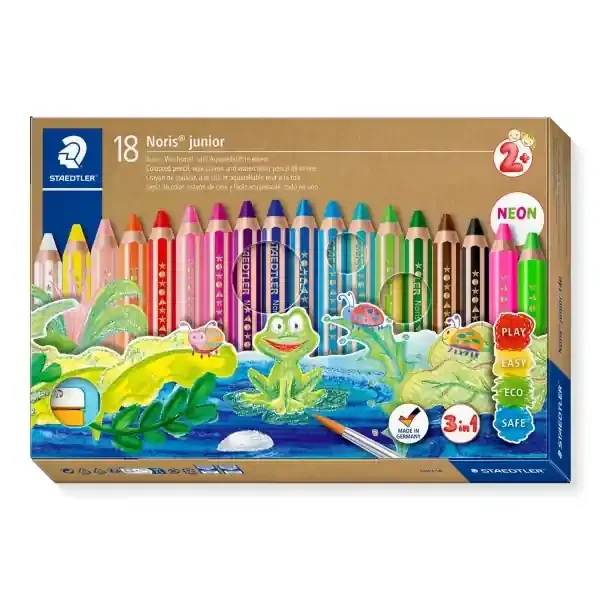 Staedtler Noris Junior Pack de 18 Lapices de Colores Extragruesos + Sacapuntas – 3 en 1, Lapiz, Cera y Acuarelable – Colores Surtidos