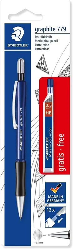 Staedtler Pack de 1 Portaminas 779 de 0.5mm + 1 Tubo de 12 Minas – Zona de Agarre Ergonomica – Resistente a Roturas