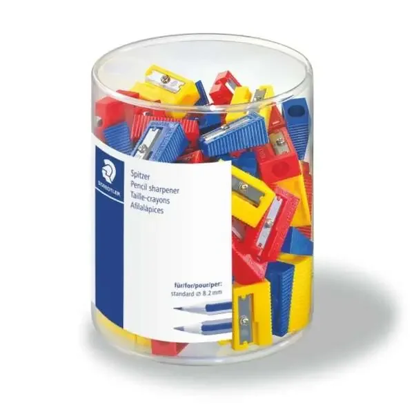 Staedtler Pack de 100 Sacapuntas de Plastico – 1 Agujero – Angulo de Afilado de 23° – Colores Surtidos