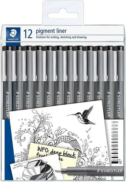 Staedtler Pigment Liner 308 Pack de 12 Rotuladores Calibrados – Tamaños de Puntas Surtidos – Color Negro