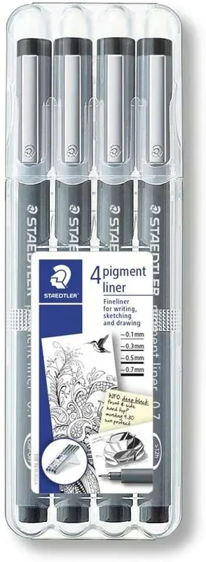 Staedtler Pigment Liner 308 Pack de 4 Rotuladores de Punta Fina – Punta Larga – Secado Rapido – Color Negro