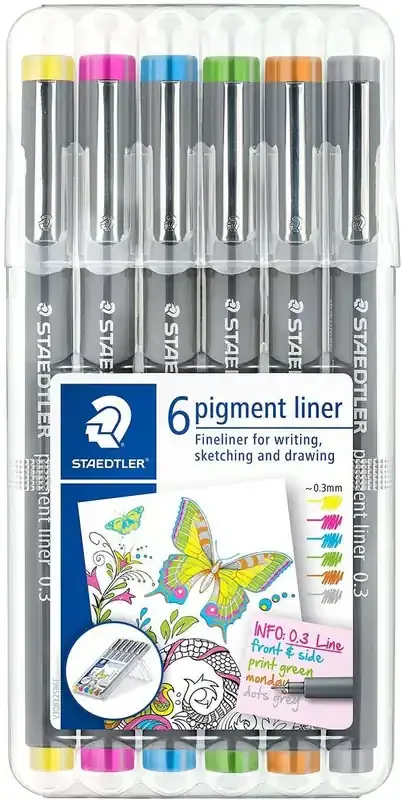 Staedtler Pigment Liner 308 Pack de 6 Rotuladores Calibrados – Trazo 0.3mm – Secado Rapido – Colores Surtidos