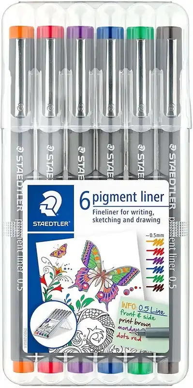 Staedtler Pigment Liner 308 Pack de 6 Rotuladores Calibrados – Trazo 0.5mm – Secado Rapido – Colores Surtidos