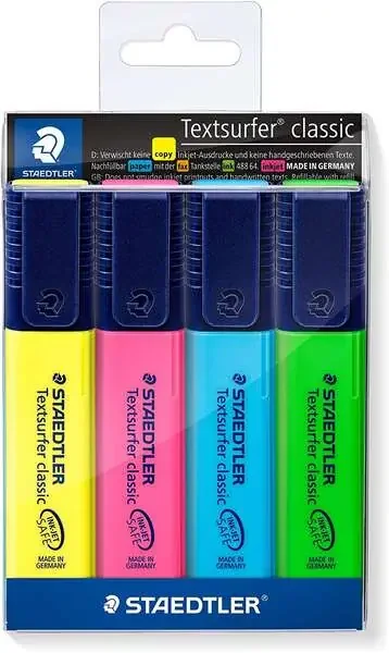 Staedtler Textsurfer Classic 364 Pack de 4 Marcadores Fluorescentes – Secado Rapido – Trazo 1 – 5mm Aprox – Colores Surtidos