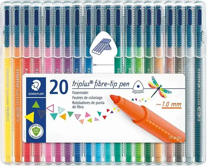 Staedtler Triplus Color 323 Pack de 20 Rotuladores de Punta Fina – Trazo 1mm Aprox – Tinta Base de Agua – Colores Surtidos