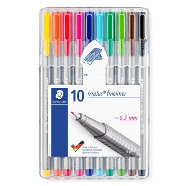 Staedtler Triplus Fineliner 334 Pack de 10 Rotuladores de Punta Fina – Trazo 0.3 mm Aprox – Tinta Base de Agua – Colores Surtidos