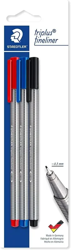 Staedtler Triplus Fineliner 334 Pack de 3 Rotuladores de Punta Fina – Trazo de 0.3mm Aprox – Diseño Ergonomico – Tinta Base de Agua – Colores Surtidos