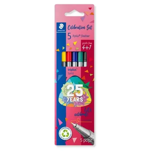 Staedtler Triplus Fineliner 334 Pack de 5 Rotuladores de Punta Fina – Trazo 0.3mm Aprox – Tinta Base de Agua – Colores Surtidos