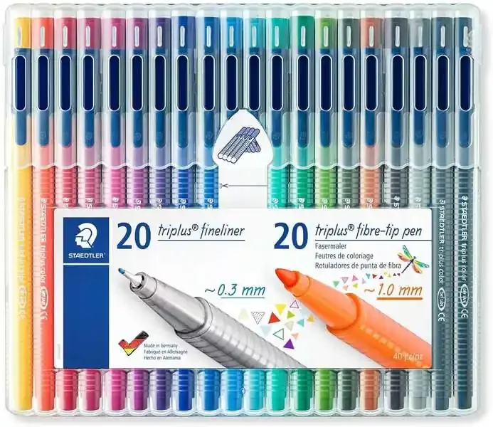 Staedtler Triplus Pack de 20 Rotuladores de Punta Fina 0.3mm + 20 Rotuladores de Punta Fibra 1mm – Capuchon con Clip – Colores Surtidos