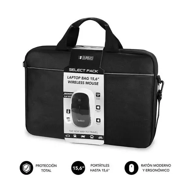 Subblim Maletin Select Pack con Raton Wireless – hasta 156 Pulgadas – Interior Acolchado y Reforzado – Compartimento Separado para El Portatil – Raton Inalambrico Ergonomico y Extraplano – Sensor Optico de 1200 dpi – Color Negro