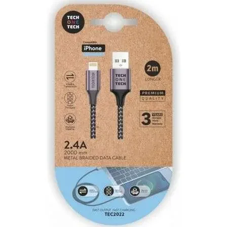 TechOneTech Cable USB-A Macho a Lightning Macho 2m – Recubierto de Nylon Trenzado