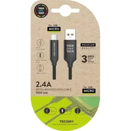 TechOneTech Cable USB-A Macho a Micro-USB Macho 1m – Recubierto de Nylon Trenzado