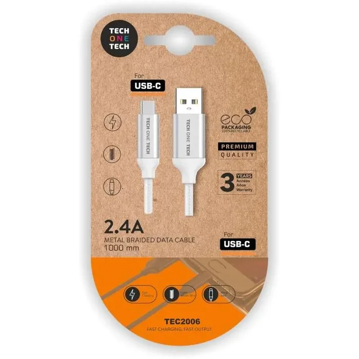 TechOneTech Cable USB-A Macho a USB-C Macho – Recubierto de Nylon Trenzado – Longitud 1m