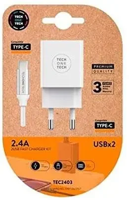 TechOneTech Cargador Doble de Pared + Cable USB-A a USB-C 1m – Recubierto de Nylon Trenzado