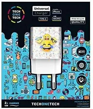 TechOneTech Emojitech Smile Cargador Doble de Pared USB-A – Alto Rendimiento