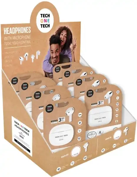 TechOneTech Expositor de 8 Auriculares Inalambricos Bluetooth TWS – Sonido HI-FI – 4 Modelos con Almohadilla y 4 Modelos sin Almohadilla – Color Blanco (8 uds)