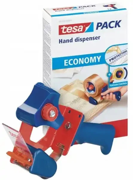 Tesa 6300 Economy Precintadora para Rollos de hasta 50mm – Tension Ajustable Manualmente – Color Rojo/Azul