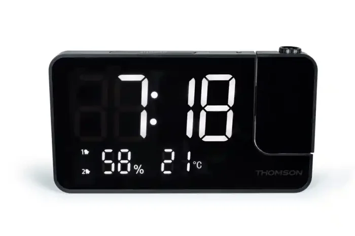 Thomson CP100T Radio Reloj Despertador – Proyeccion y Temperatura Interior – Alarma Dual – Color Negro