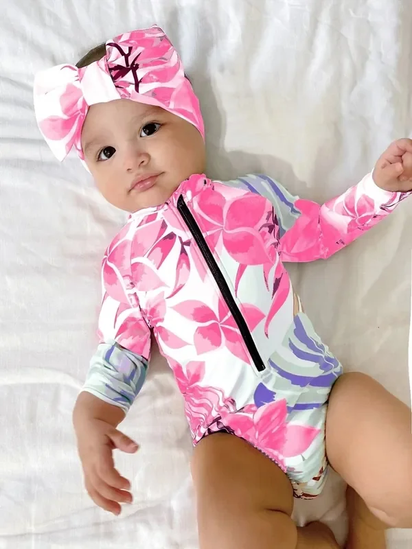 Traje de baño bebé niña floral de manga larga con diadema