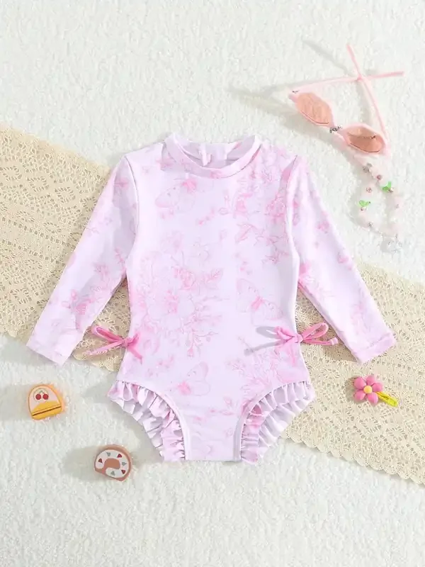 Traje de baño de manga larga para bebé niña – Estampado floral y animal