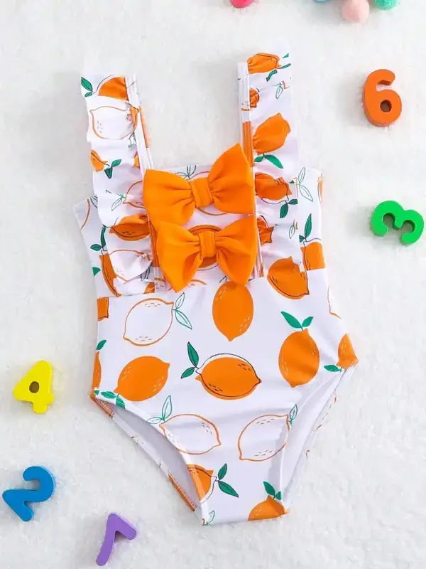 Traje de baño de una pieza afrutado para niñas con lazo