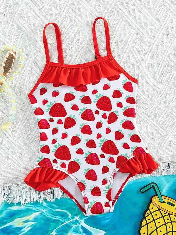 Traje de baño de una pieza con volantes de fresa para bebé niña