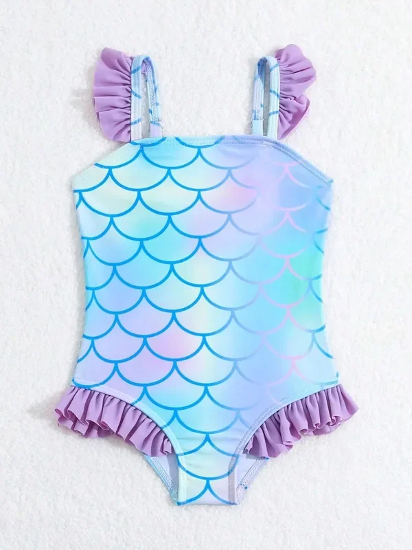 Traje de baño de una pieza para niña – Escamas y flamencos rosas