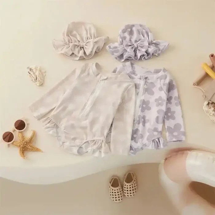 Traje de baño floral para bebé niña con lazo 3D y mangas largas