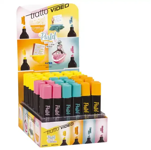 Tratto Video Pastel Expositor de 48 Marcadores Fluorescentes – Punta Biselada – Tinta al Agua – Secado Rapido – Colores Surtidos