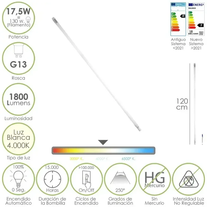 Tubo Led T8 120 cm.17,5 Watt. Equivale A 130 Watt. 1800 Lúmenes. Luz Neutra 4000º K.
