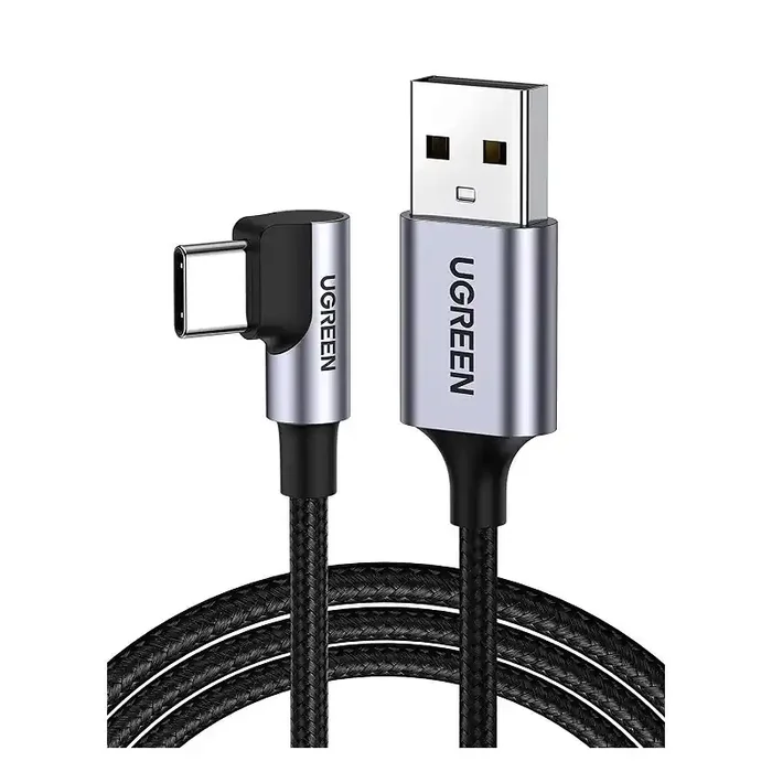 UGREEN Cable USB C 90 Grados, Cable USB A 2.0 a USB tipo C 3A Carga Rápida Acodado longitud 2 metros Nylon-Aluminio