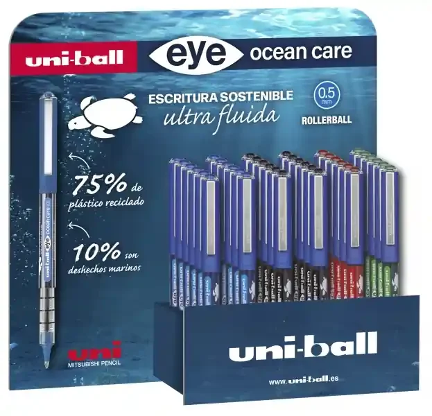 Uni-ball Eye Ocean Care UB-150ROP Expositor de 36 Boligrafos de Tinta Liquida – Punta de Bola 0.5mm – Tinta Pigmentada Resistente al Agua y Luz – Sistema de Control de Tinta – Color Surtido (36 uds)