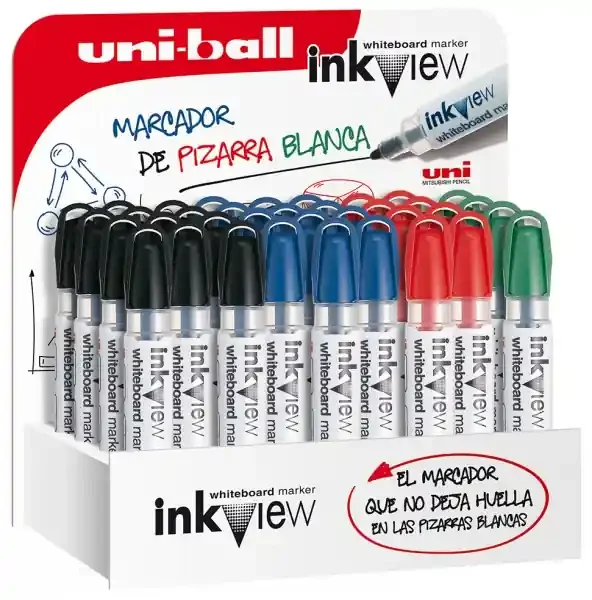 Uni-ball Inkview PWB-202 Expositor de 36 Marcadores de Pizarra Blanca – Punta Conica 1.8-2.2mm – Zona Transparente para Nivel de Tinta – Escritura Brillante y Facil Borrado – Color Surtido (36 uds)